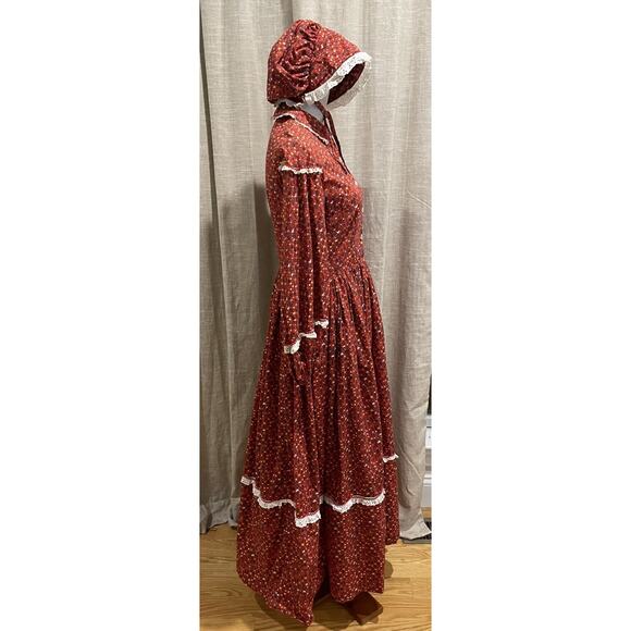 VTG Handmade Prairie Maxi Dress Red Calico Tiered + Bonnet Long Sleeve Sz Small - Picture 4 of 15